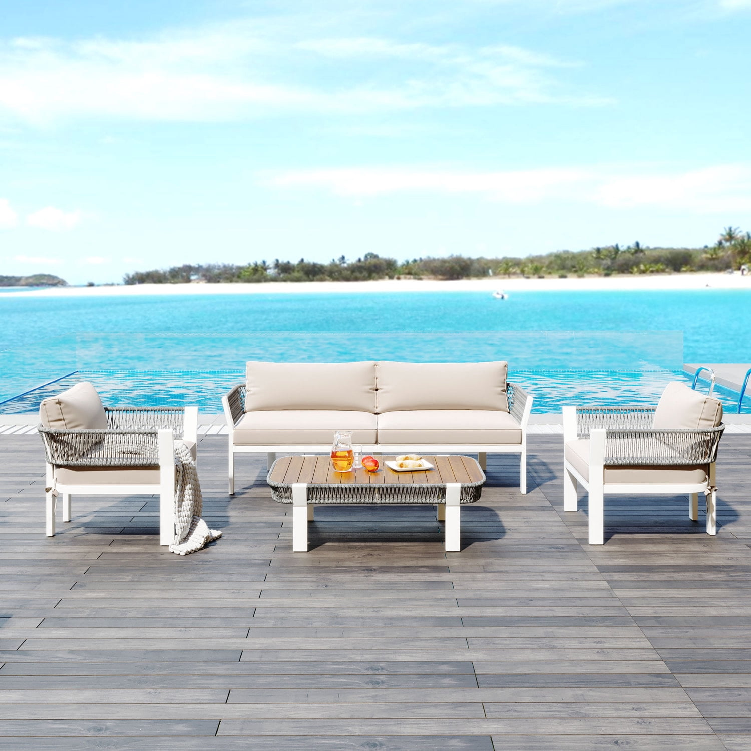Harper & Bright Designs Outdoor Rope Furniture Set, 4 Piece Patio Conversation Set with Loveseat and 2 Chairs & Coffee Table for Backyard Porch Garden, Greyen Poolside and Backyard, Beige+Grey