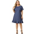 thumbnail image 4 of Plus Size Denim Dresses for Women Ruffle Hem Summer Casual Short  Sleeve Chambray Dress Blue 4X, 4 of 7