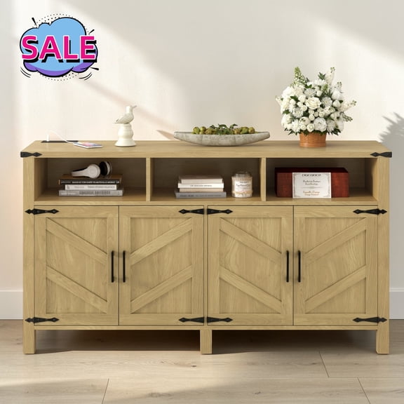 Hassch 59 Inch Storage Cabinet with Charging Station, Buffet Sideboard with Adjustable Shelves and 4 Barn Doors, Coffee Bar Cabinet, Credenza for Dining Room, Living Room, Kitchen, Natural