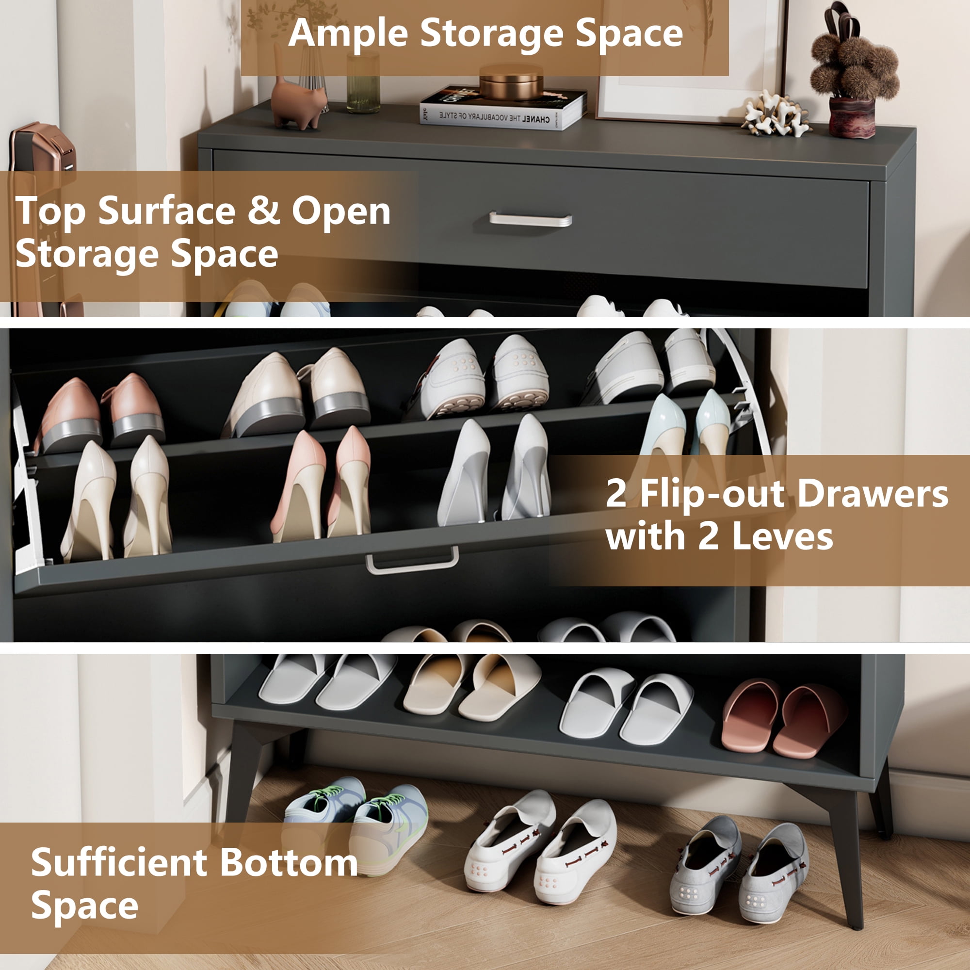 Shoe Storage Cabinet, HSUNNS 20Pair Shoe Rack Organizer with 2 Flip Drawers  for Entryway, Free Standing Shoe Storage Rack with Drawers and Open Shelf