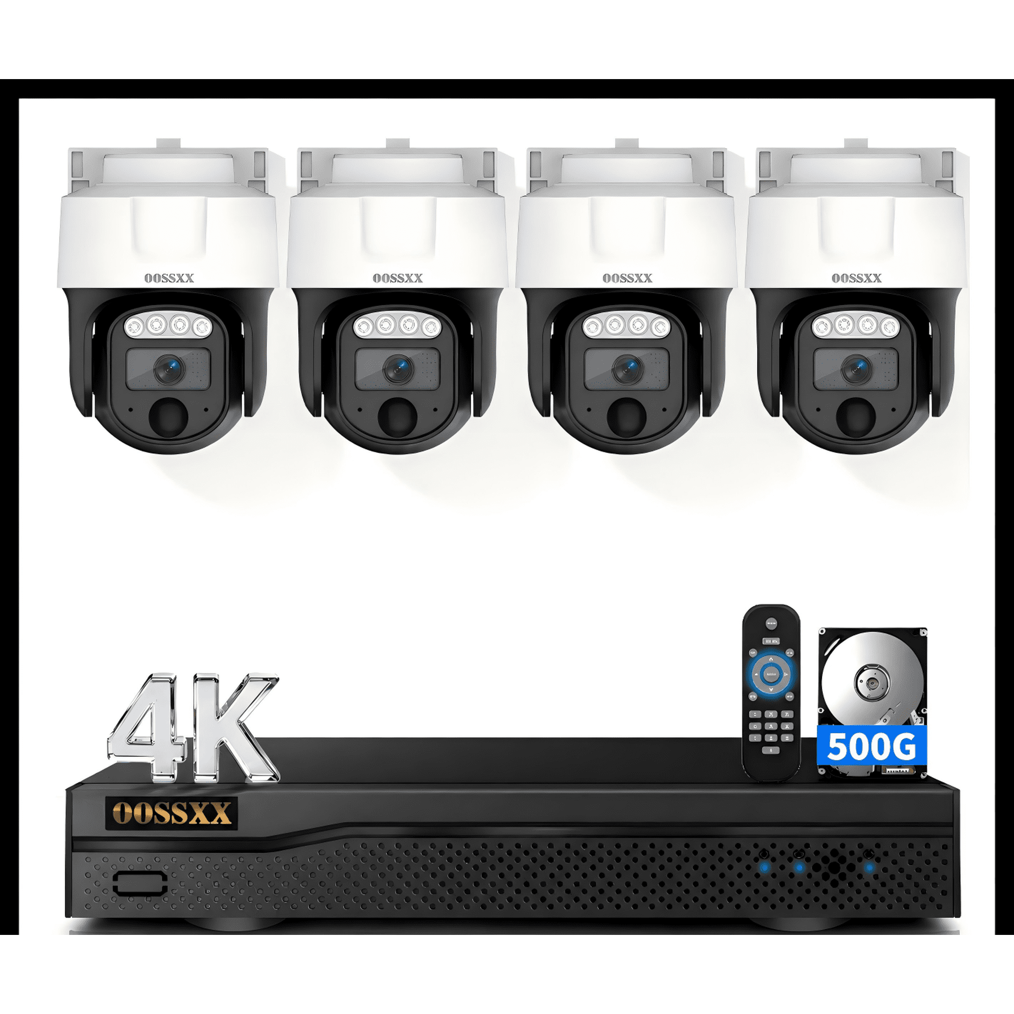 OOSSXX 4K Wired Security Camera System, 4CH PTZ Dome, 500GB HDD