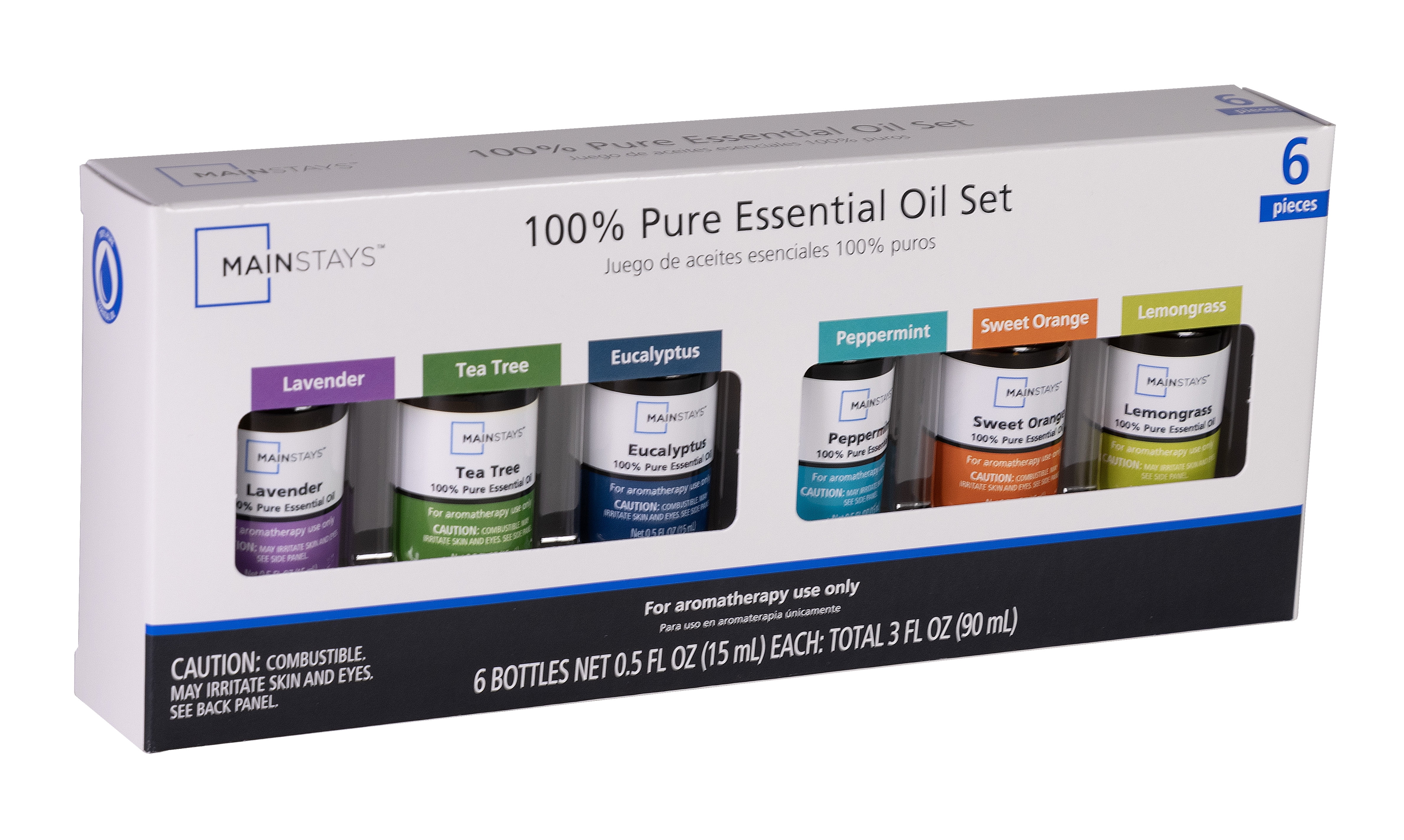 Mainstays Essential Oil Set 15mL 6 Pack - Eucalyptus, Lavender, Lemongrass, Sweet Orange, Peppermint, Tea Tree