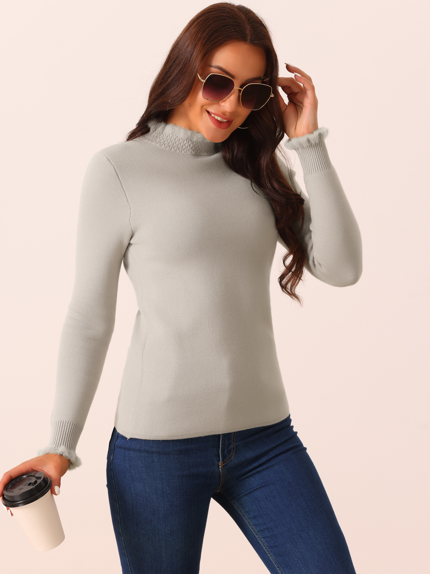 DARING DIVA Fluffy Lined Sweater Mock Neck Long Sleeve Top XL Grey