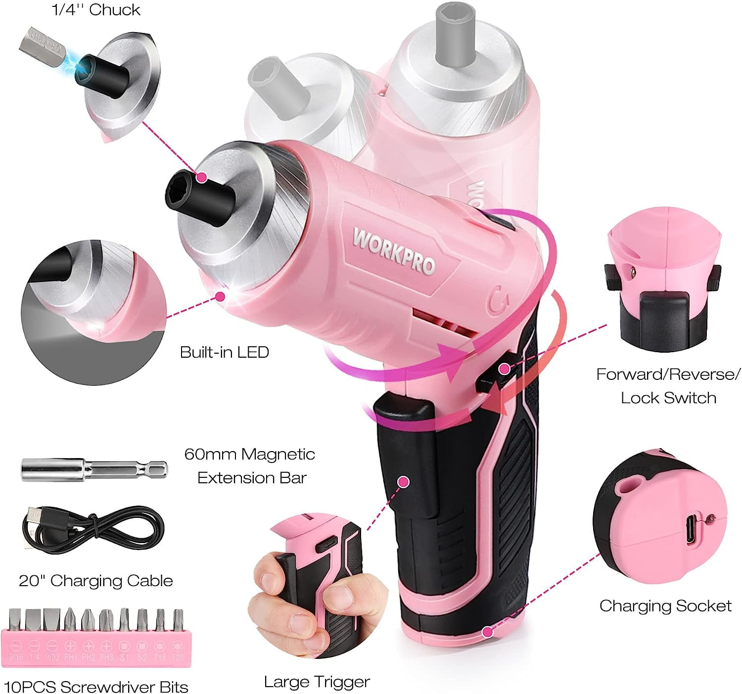 WORKPRO Pink 18-Piece Cordless Electric Screwdriver Tool Set with Rotatable Handle, LED Light, Chrome Vanadium Steel, Portable Toolbox