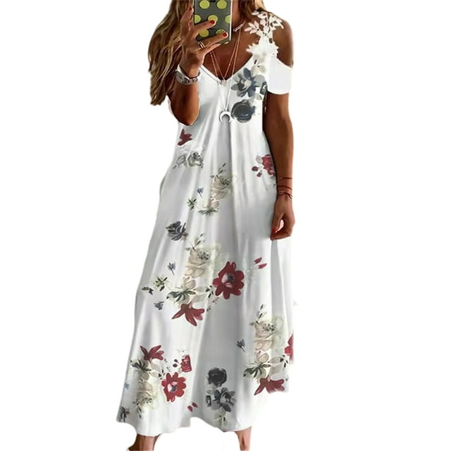 LUXUR Robe Longue pour Femmes à Manches Courtes, Robes Maxi à Épaules Dénudées, Robe d'Été de Plage Décontractée, Corchet, Fleur Rouge, P