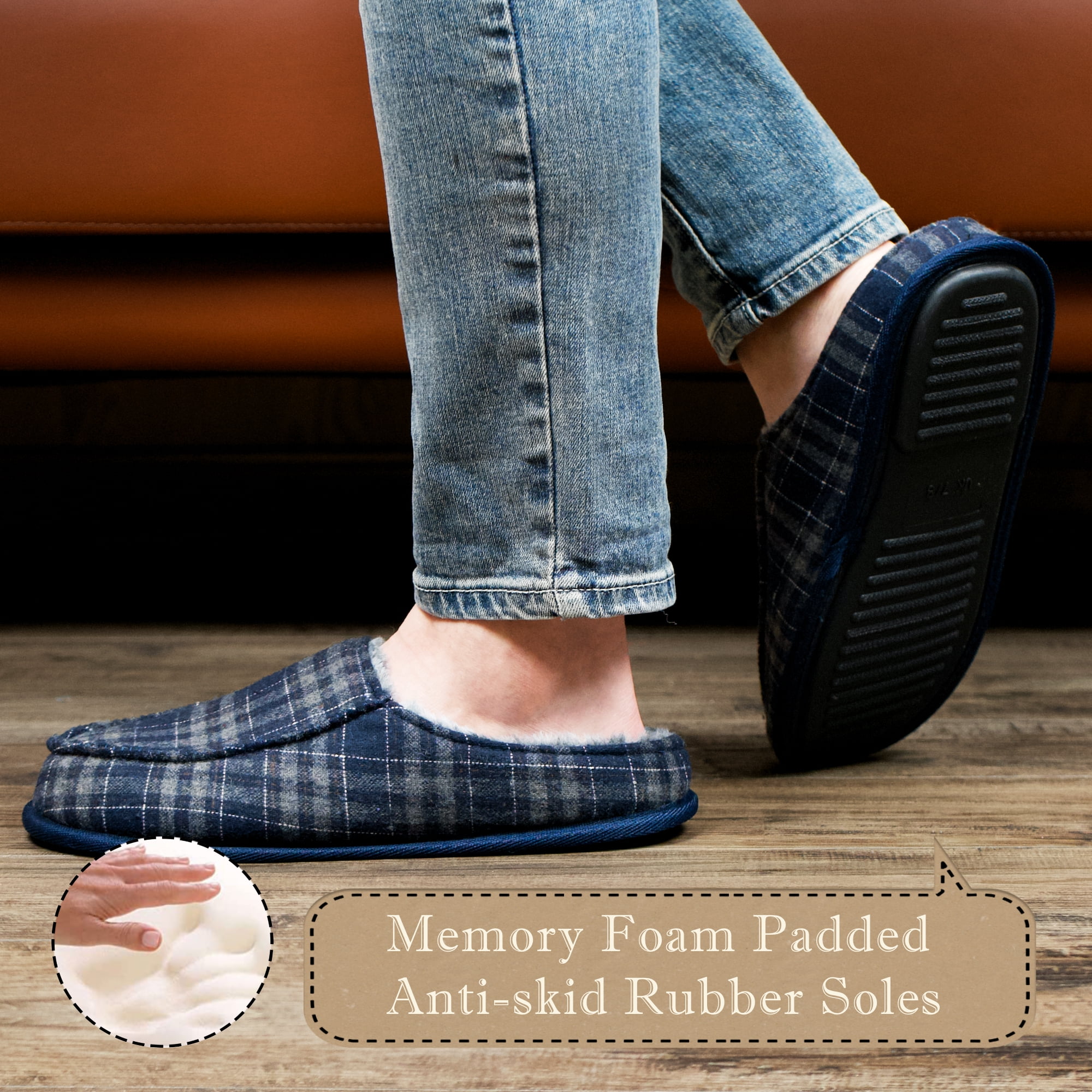 Men's Memory Foam House Slippers - Cozy, Fuzzy Bedroom Slip-on Loafer Shoes. Warm & Comfy Indoor Outdoor Moccasins. Unique Christmas Gift for Dad, Grandpa, Husband, Boyfriend, Navy Adult Size 10-11