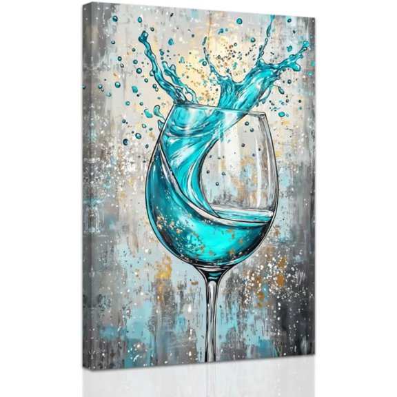 ZHONGYUTONG Wine Canvas Wall Art for Kitchen Prints Teal Wine Glass Picture Modern Kitchen Restaurant Dinning Room Bar Wall Decor Framed (12.00" x 18.00")