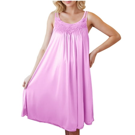 FAIWAD Women s Satin Nightgown Lace Embroidery Loose Sleeveless Flowy Pajamas Dress Summer Knee-Length Babydoll Sleepwear