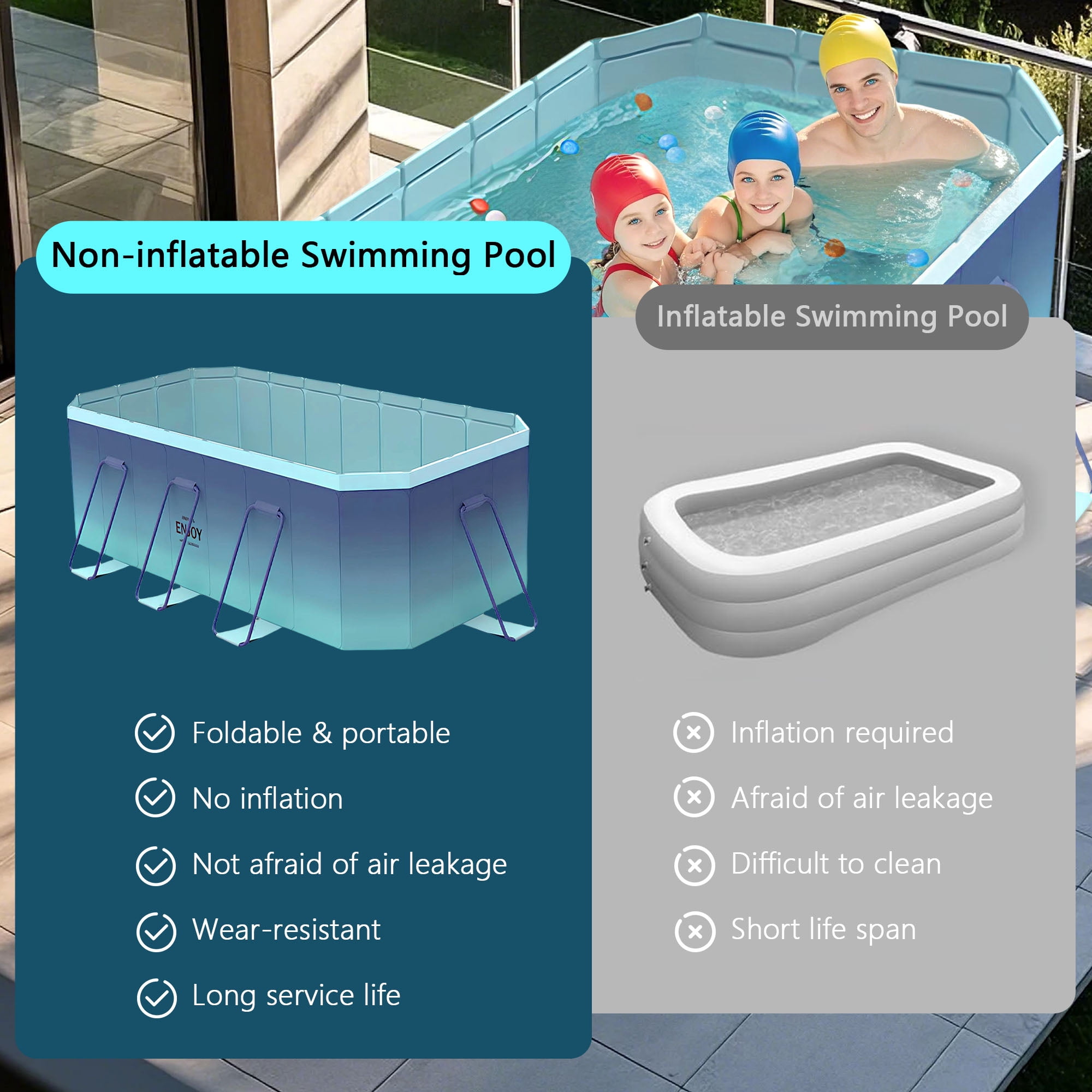 Beuway 116"Foldable Swimming Pool for 1-7 People,Non-Inflatable Above Ground Pools for Kids Adults(Blue)