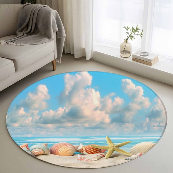 Round Area Rug 3ft, Nautical Coastal Non-slip Area Rugs for Living Room/Bedroom/Bathroom/Kitchen, Summer Beach Shell Conch Starfish Blue Washable Throw Floor Mat Indoor Outdoor Entrance Doormat