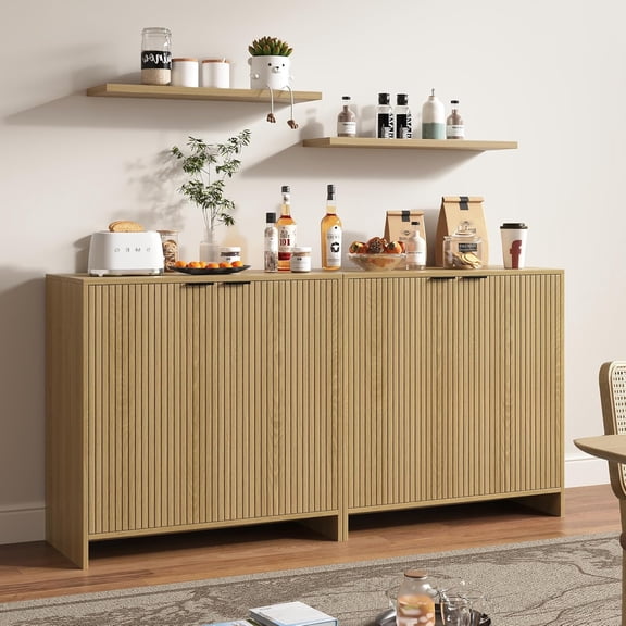 63" Fluted Storage Cabinet,4 Doors Modern Sideboard Cabinet,Console Table with Adjustable Shelves for Living Room,Kitchen,Entryway,Oak