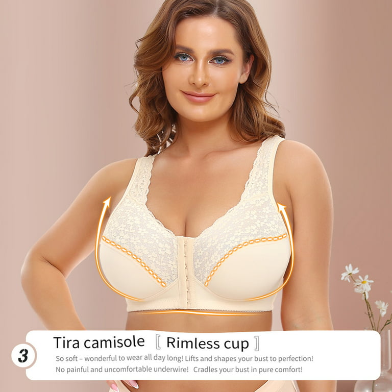 T Shirt Bra, Women Rimless Lace Cup Front Button Thin Large Bra Sexy  Underwear, Backless Bra for Large Breasts