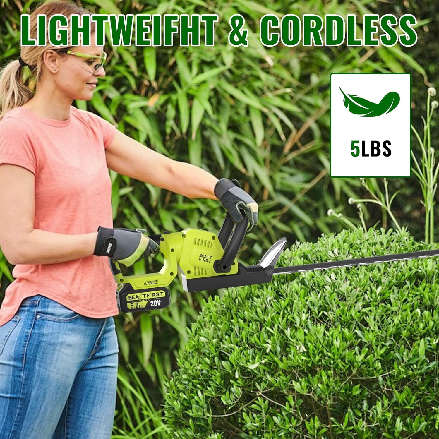 BEATUFIRST 20V Cordless Hedge Trimmer with 2x5.0Ah Batteries, 20-Inch Electric Grass Cutter for Shrub and Lawn
