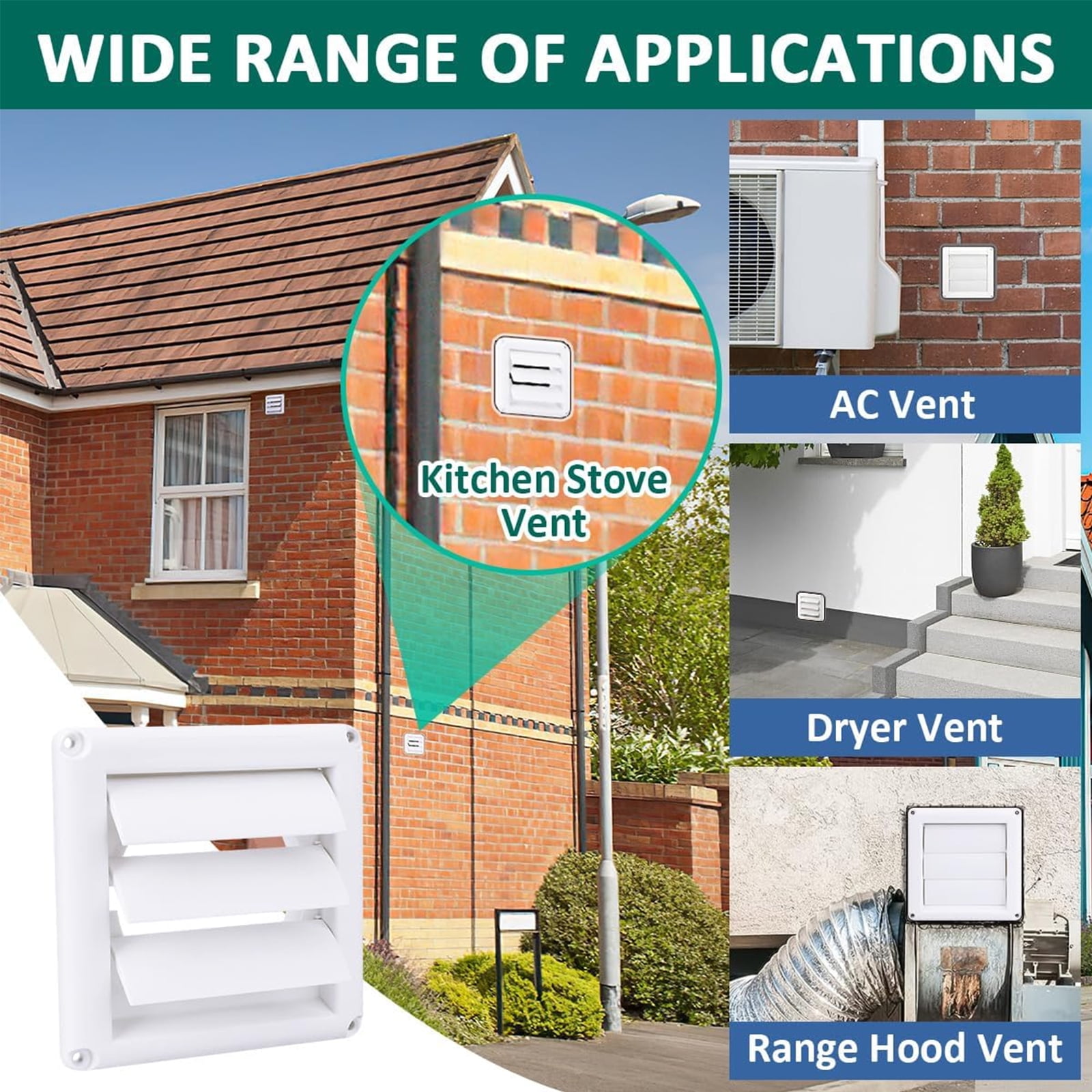 Detetap Vent Louvered Weather-Resistant Outdoor Plastic Dryer Vent Cover for 4 inch Pipe, UV Protection for Maximum Airflow Efficiency & Long-Lasting Durability，Includes 4 Screw (White)