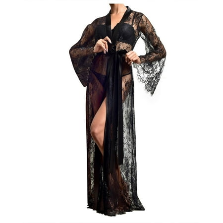 Fall Winter Savings Clearance! Itsun Sexy Lingerie Long Sheer Boudoir Wedding Floor Length Lace Bridal Bath Robe Lingerie Black 14