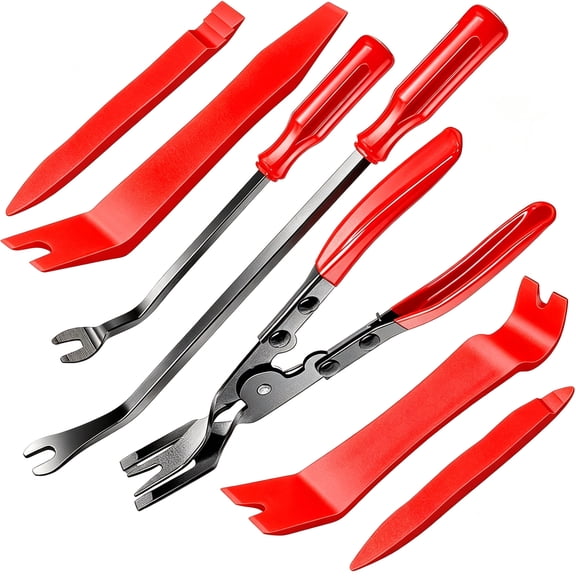 7 Pcs Car Trim Removal Tool Kit with Non-Scratch Plastic Pry Tool and Fastener Clip Pliers for auto Safe Interior Car Panel Detachment, Dashboard, Door Clips & Upholstery – Red