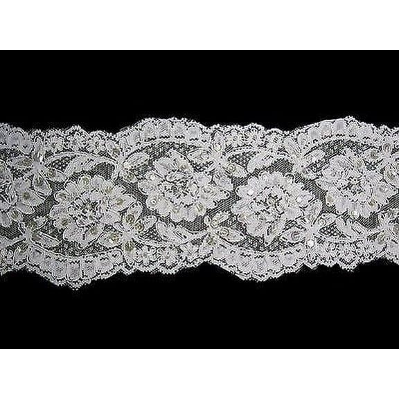 Lily 5" White and Ivory Beaded Sequins Floral Gorgeous Fine Lace Trim By Yardage