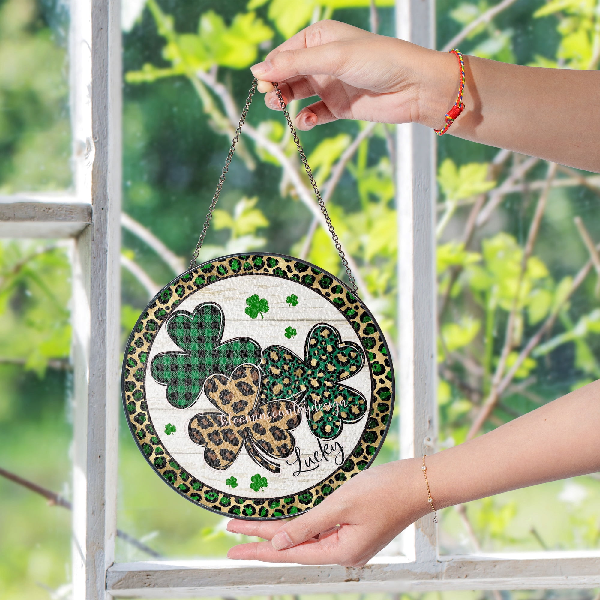 Shamrocks Faux Stained Glass Suncatcher Window Hanging Decor St Patricks Green Gold
