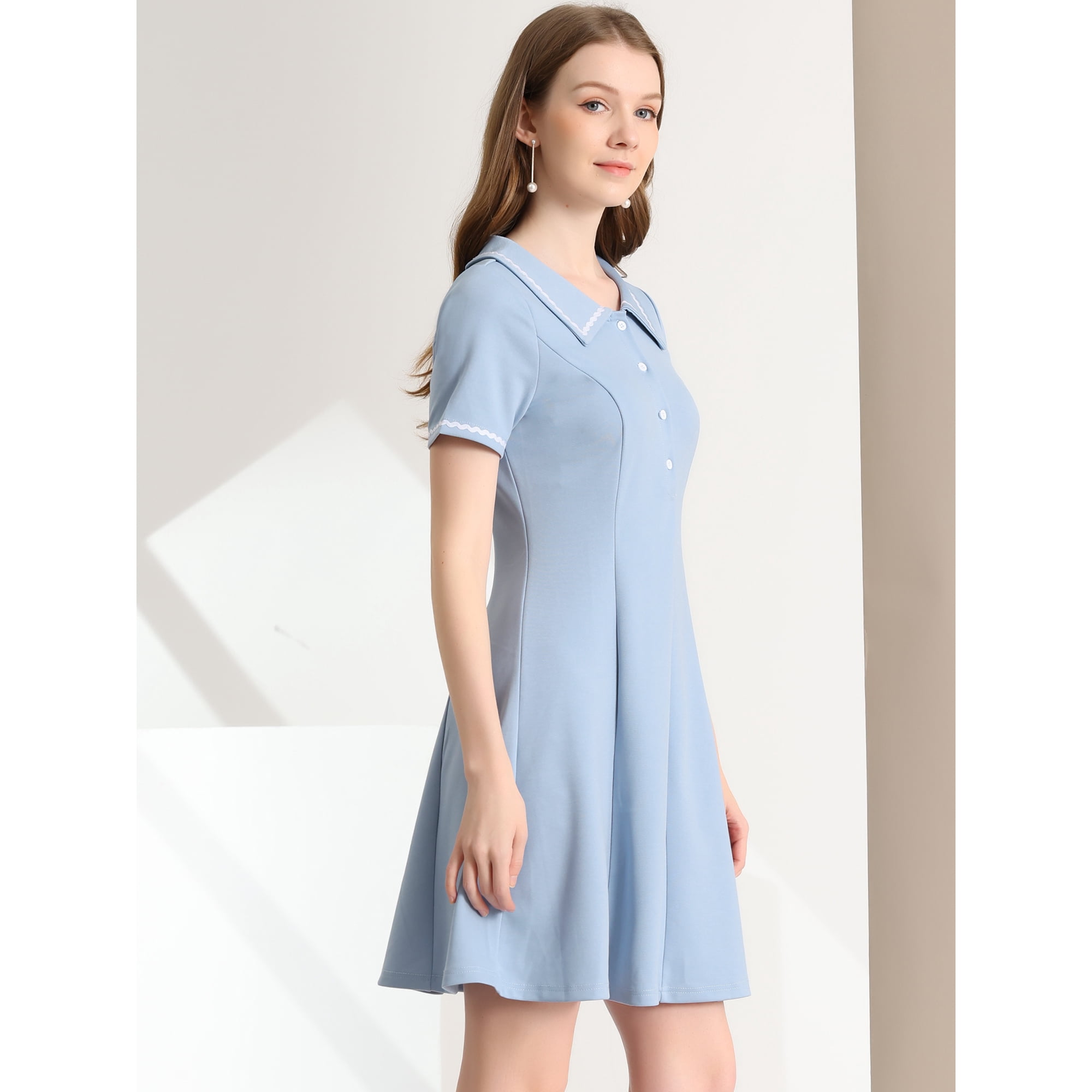 Unique Bargains Women s Short Sleeve Turn Down Collar Shirt Dress Grey Blue XS Walmart