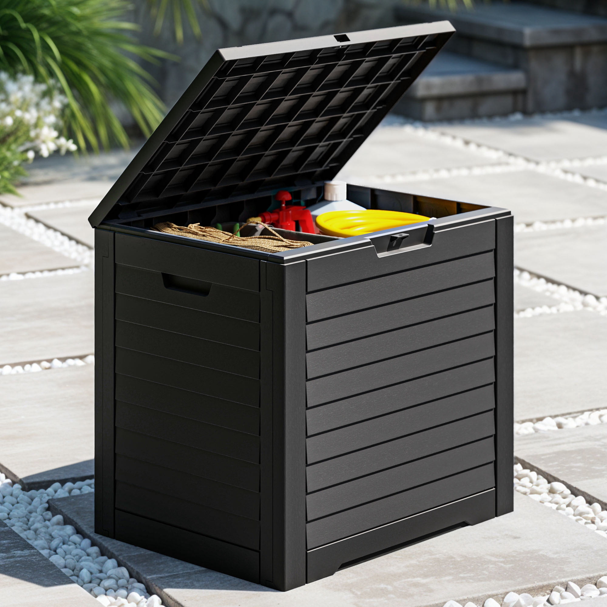Uforic 35 Gallon Outdoor Resin Storage Box, Waterproof Lockable Deck Box, Package Delivery Box for Patio Cushions, Pool Supplies, Garden Tools, Black