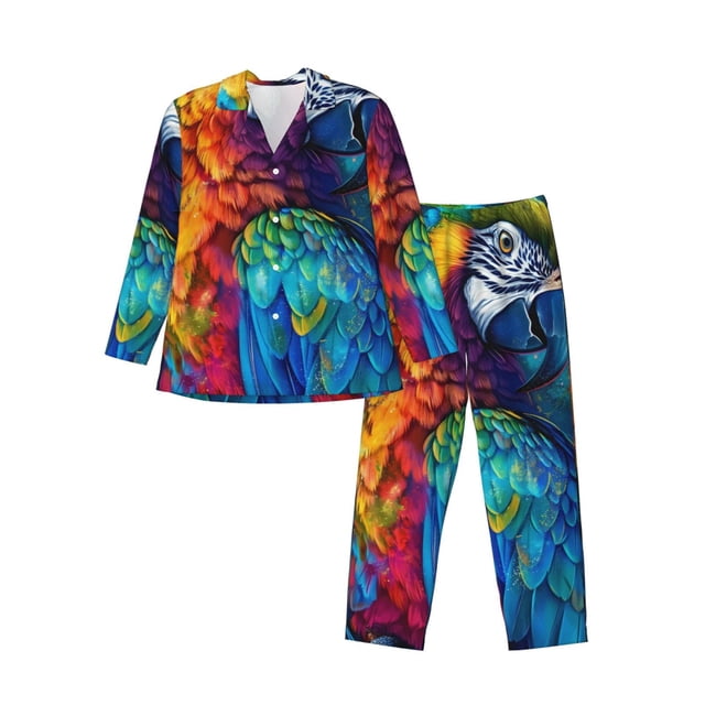 Fotbe Colorful Parrot Jungle Dream Pijama de Hombre con Estampado de Manga Larga, Conjunto de 2 Piezas, Ropa de Dormir Suave y Cómoda con Bolsillos-XX-Large