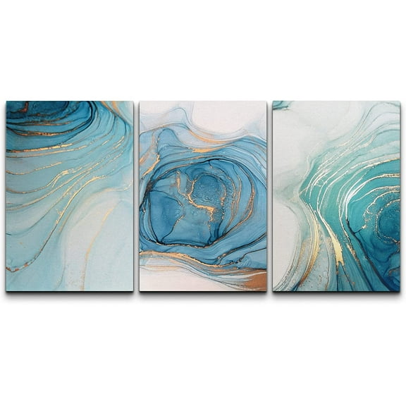 wall26 Canvas Print Wall Art Set Pastel Gold Blue Teal Smoke Wave Swirls Abstract Shapes Illustrations Modern Art Decorative Boho Colorful for Living Room, Bedroom, Office - 16"x24"x3 Panel