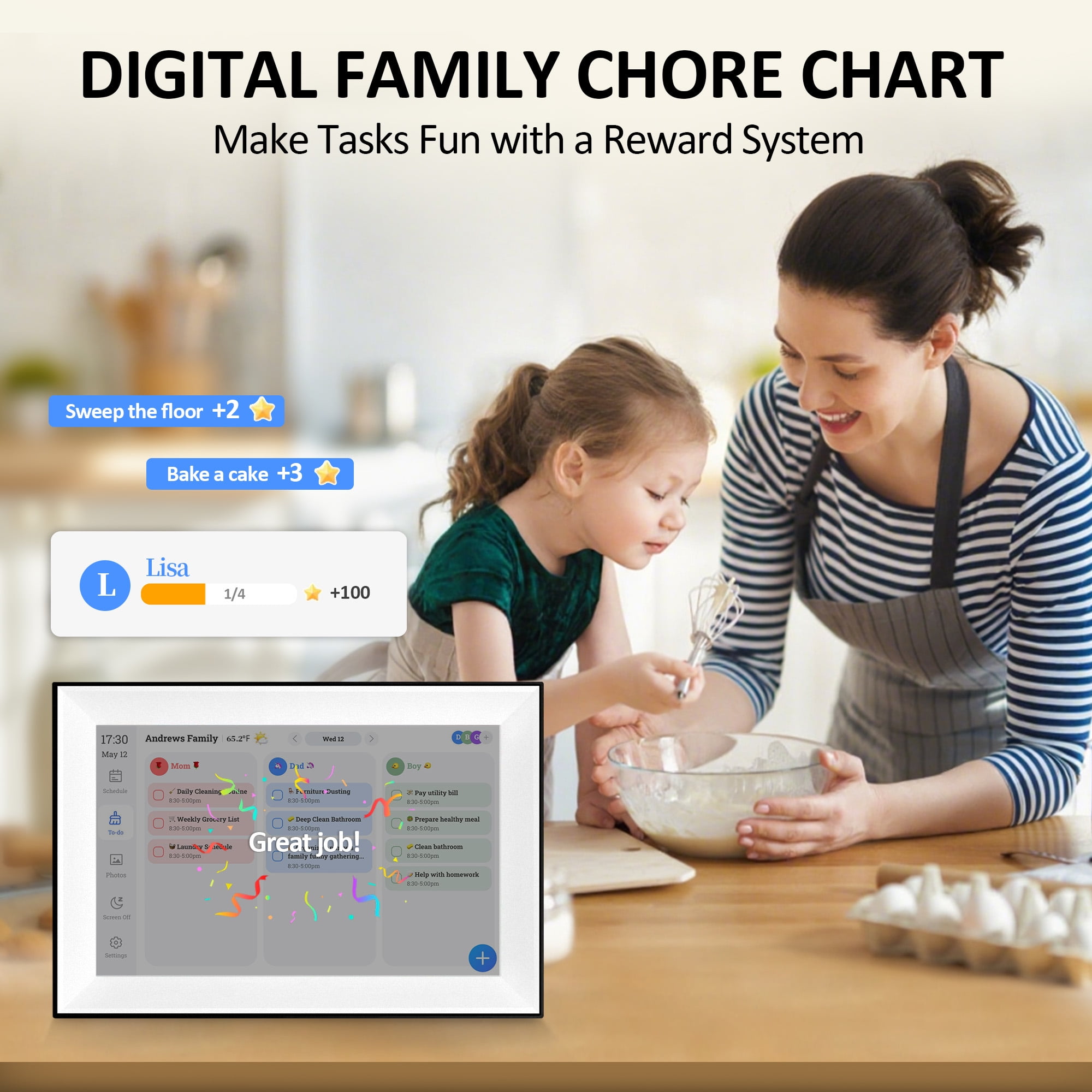 Jazeyeah 10.1" Digital Calendar Planner,Touchscreen Interactive Display for Family Schedules, Achievement Rewards, Meal Planning,