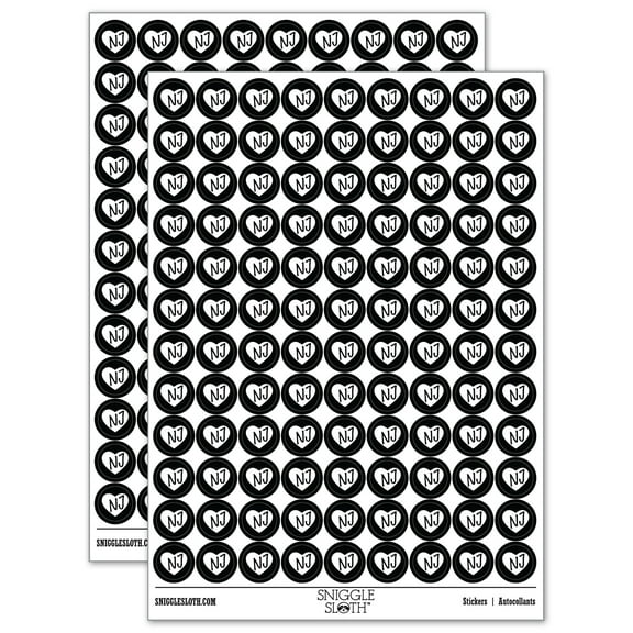 NJ New Jersey State in Heart 200  Round Stickers - Black - Gloss Finish - 0.50" Size