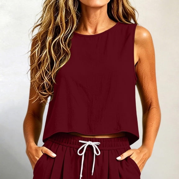 Noric Women's Cotton Linen Tank Tops Solid Color Crew Neck Casual Loose Fit Summer Beach Crop Pullover Tops