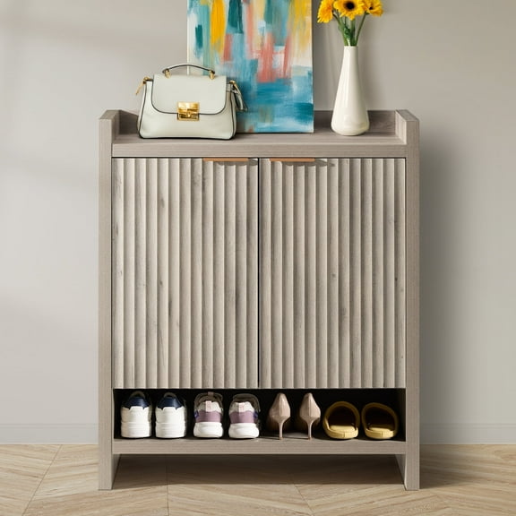 ARKANTOS Fluted Shoe Cabinet 3 Level Adjustable Shelf and 2 Doors Light Gray Oak