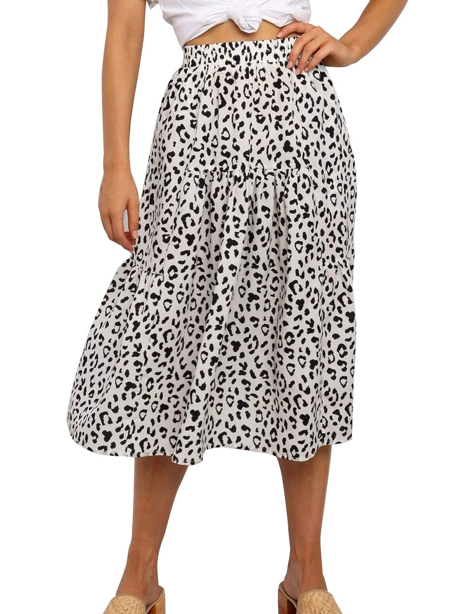 MOSHU Midi Skirt for Women Leopard Print Swing Skirts High Waist ...