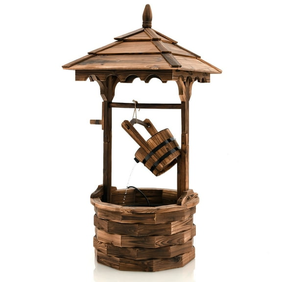 LYYHTY Wooden Wishing Well Fountain with Electric Pump, 5 Flow Settings & 12.1L Bucket, Outdoor Garden Water Feature for Patio, Yard & Deck, Rustic Brown Fir Wood