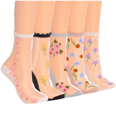 5 Pairs Womens Sheer Mesh Socks, Transparent Floral Lace Socks for Summer