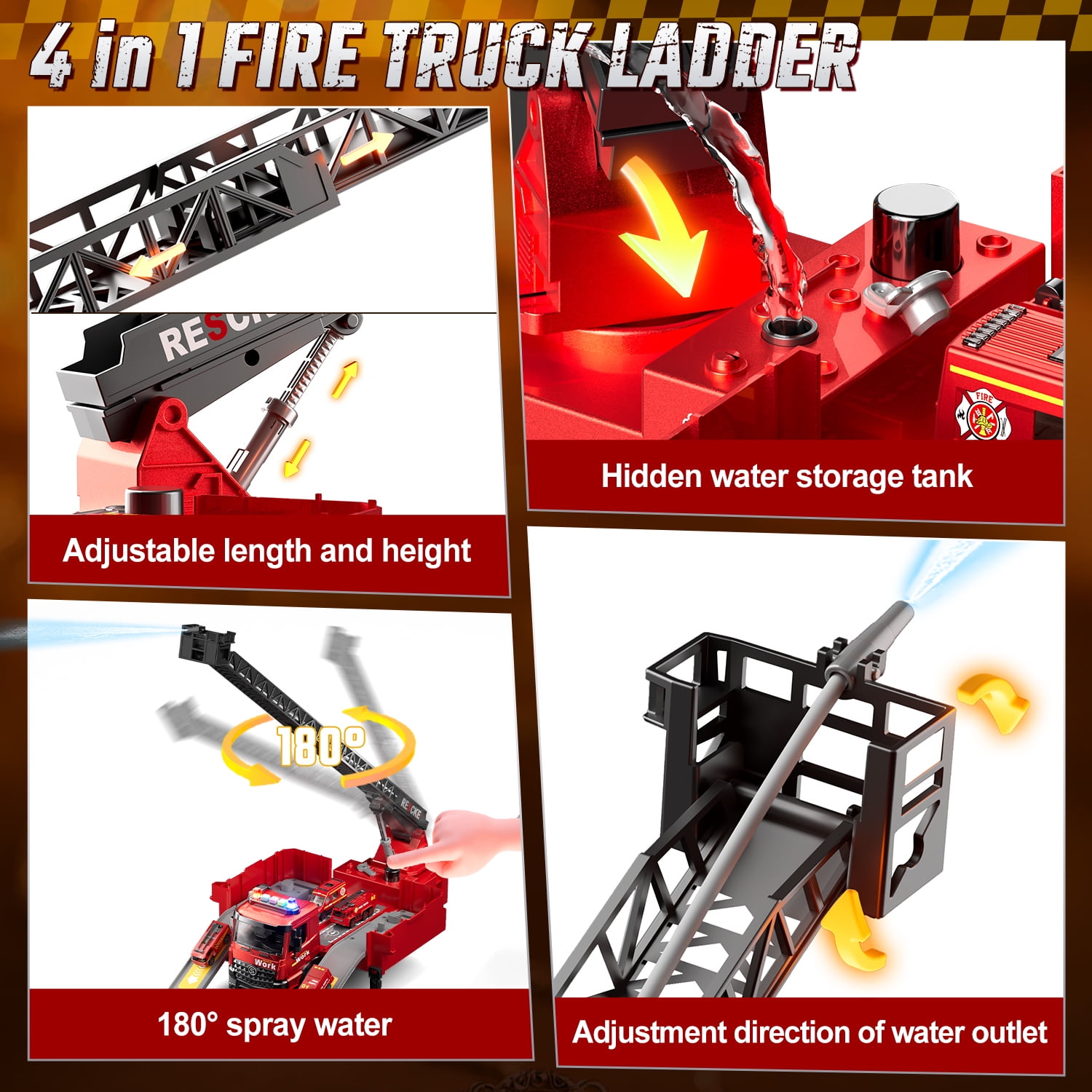 WonderStone Kids Fire Truck Toys, Alloy Deformable Cars with Light & Sound/ Extendable Aerial Ladder/ Working Water Pump, Fire Engine for 3-7 Years Old Boys Thanksgiving Christmas Birthday Gifts