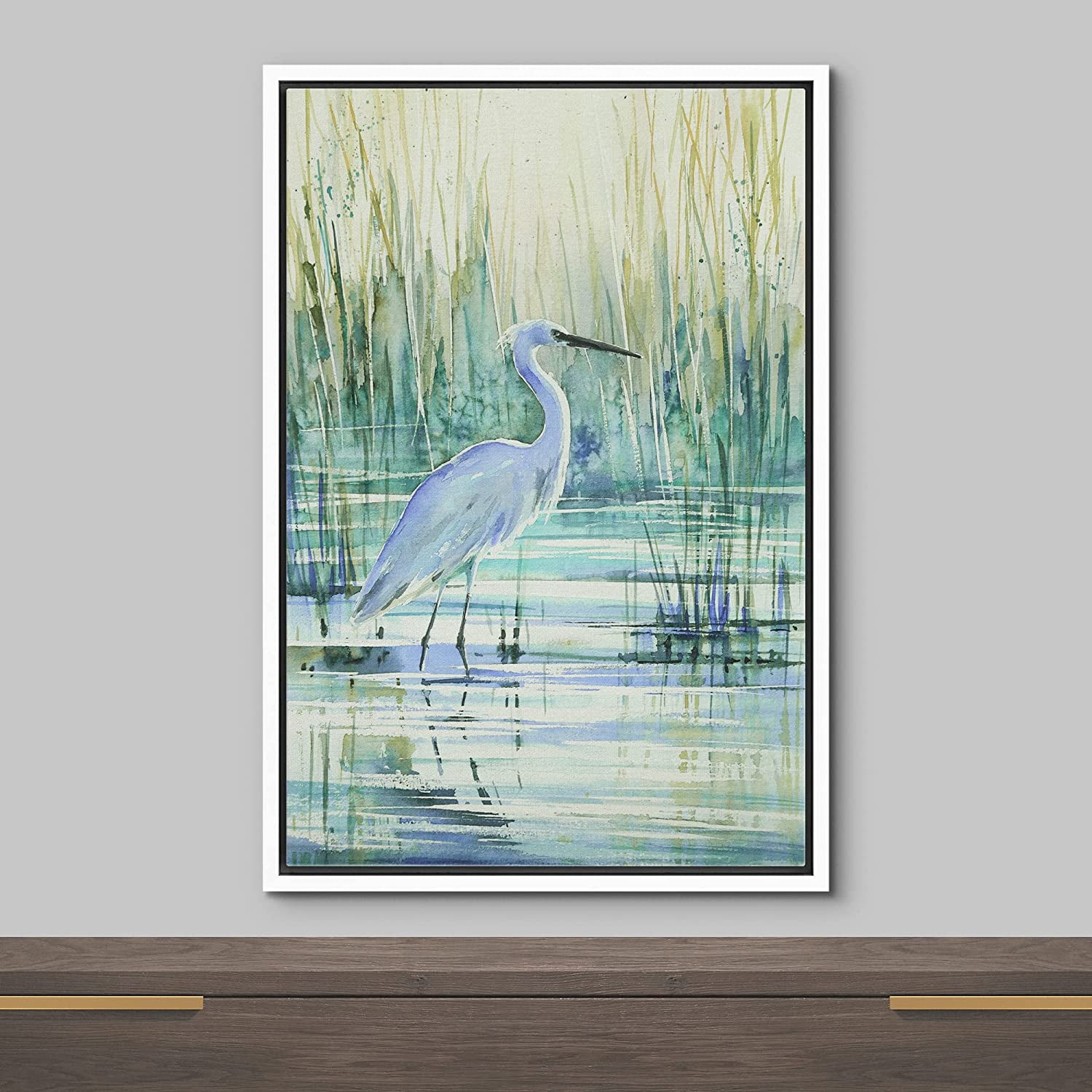 wall26 Framed Canvas Print Wall Art Watercolor Pastel Swamp Crane Bird Nature Wilderness Illustrations Modern Art Decorative Rustic Relax/Calm for Living Room, Bedroom, Office - 24"x36" Whi