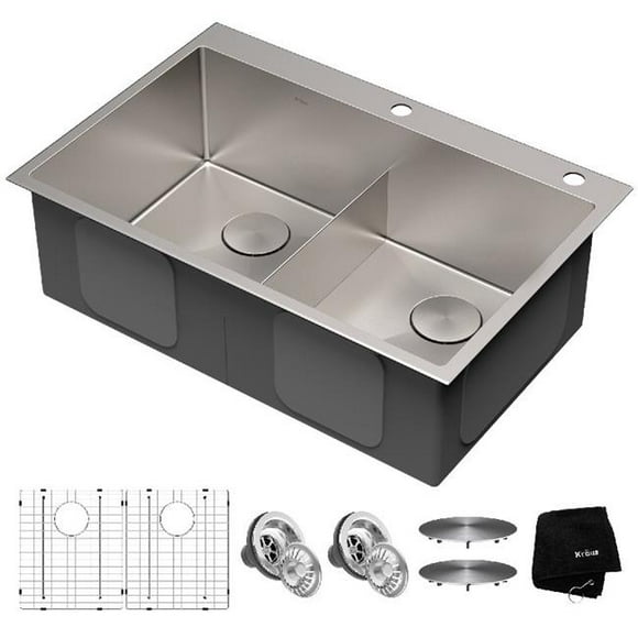 Kraus KHT302-33 33 x 22 in. Standart Pro Drop-In Top Mount 16 Gauge Double Bowl 2-Hole Stainless Steel Kitchen Sink