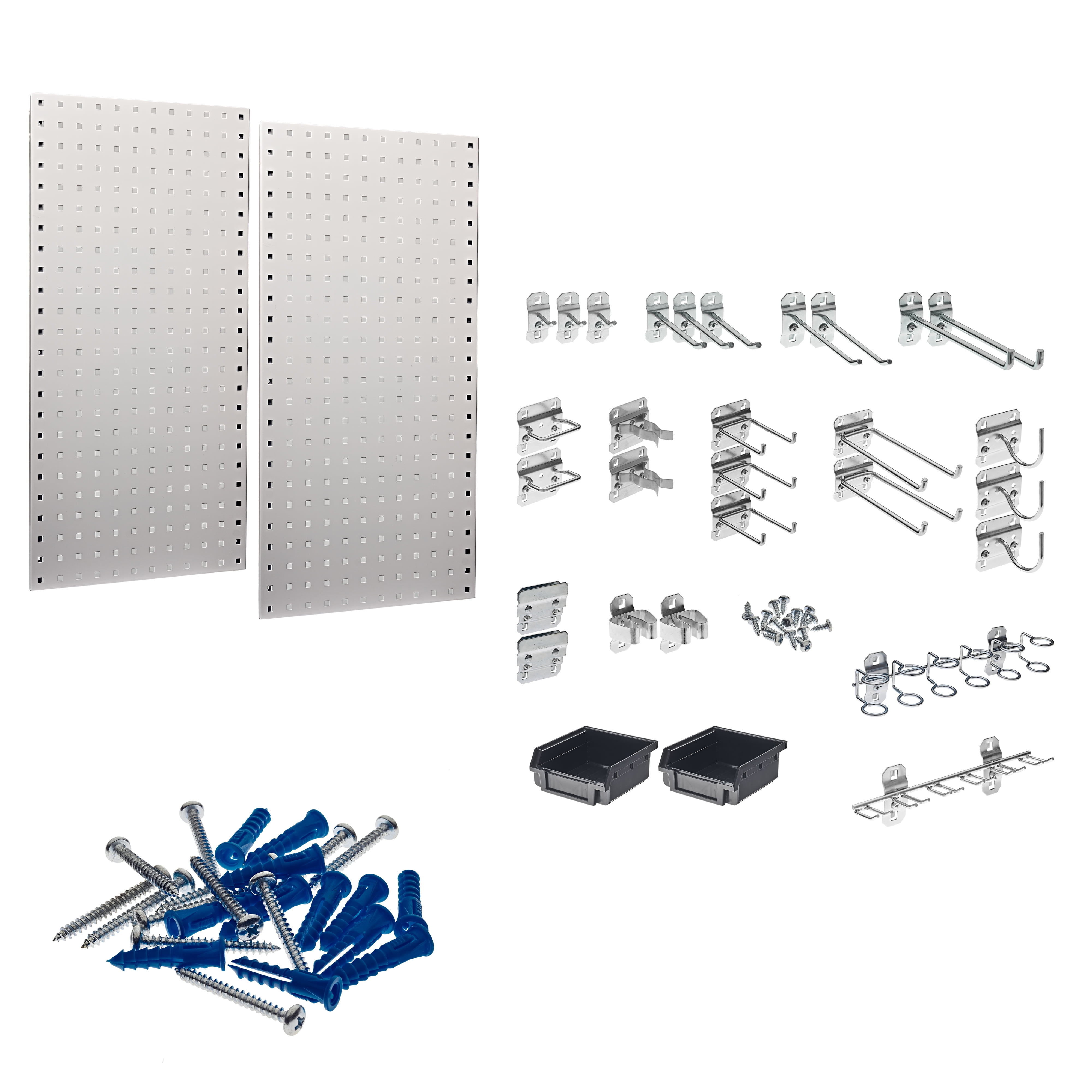 Triton Products® (2) 18x36x.5625 Blue Steel Square Hole Pegboards/28 Hooks/2 Bins