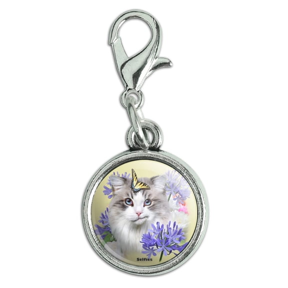 Cat Butterfly Selfie Antiqued Bracelet Pendant Zipper Pull Charm with Lobster Clasp