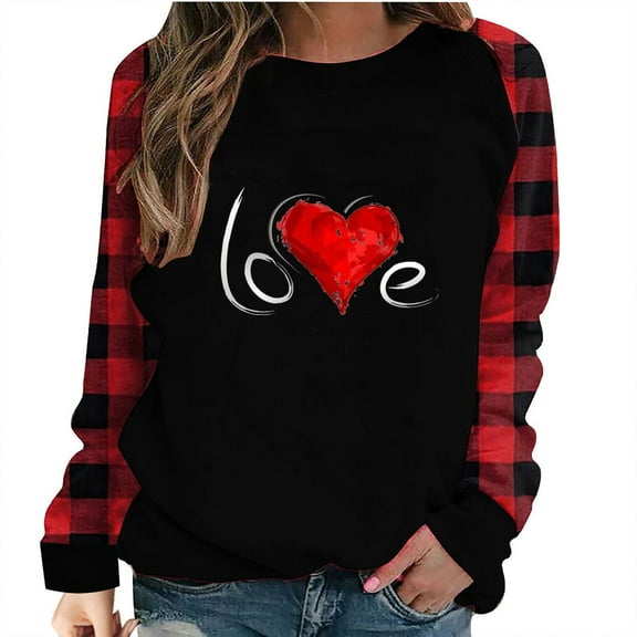 Valentine's Day Cute Sweatshirts for Women Plaid Patchwork Letter Graphic Print Long Sleeve Crew Neck Loose Tops(Red,XL)