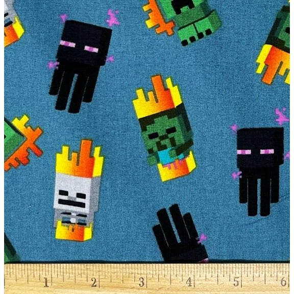 1/2 Yard - Minecraft Mini Mobs on Blue/Green Cotton Fabric (Great for Quilting, Sewing, Craft Projects, Throw Pillows & More) 1/2 Yard X 44" Wide
