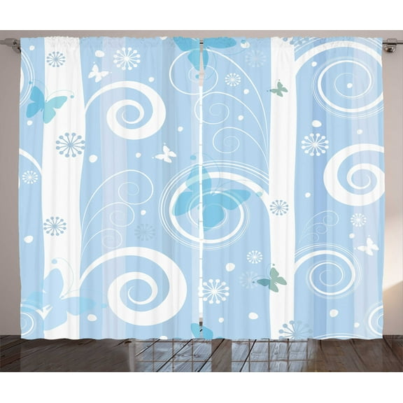 Ambesonne Christmas Curtains 2 Panel Set, Snowflakes Butterfly, 108" x 84", Pale Blue White
