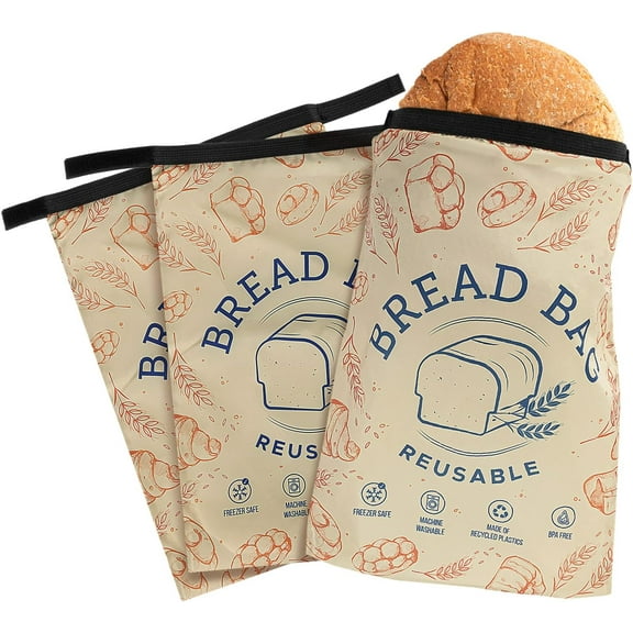 [3 Pack] Reusable Bread Bags for Homemade Bread - Double Seal Bread Freezer Bags to Lock in Freshness