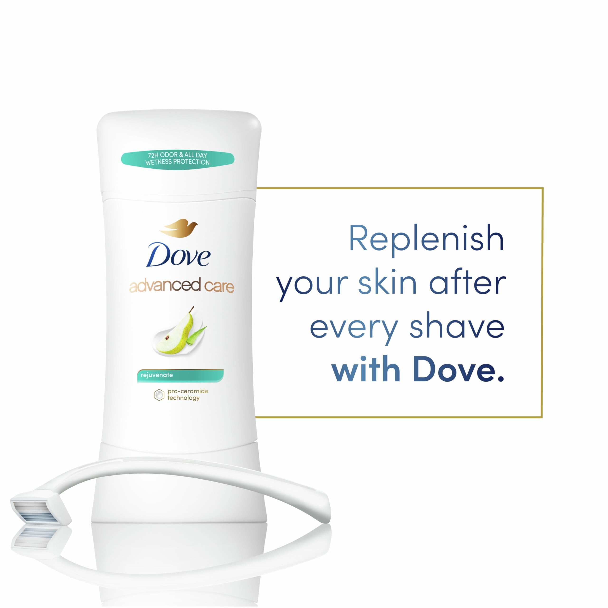 Dove Advanced Care Antiperspirant Deodorant Stick Rejuvenate 4 Count to help skin barrier repair after shaving by boosting skin's ceramide levels 72-hour odor control for soft underarms 2.6 oz