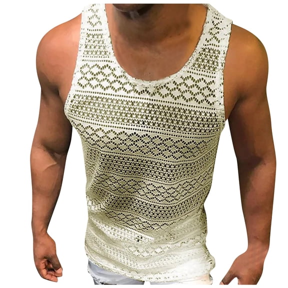 Yuncity Mens T-Shirts Knit Crew Neck Sleeveless Vest Solid Color Summer Breathable Outdoor Daily Wear Men's Tops Size L Beige