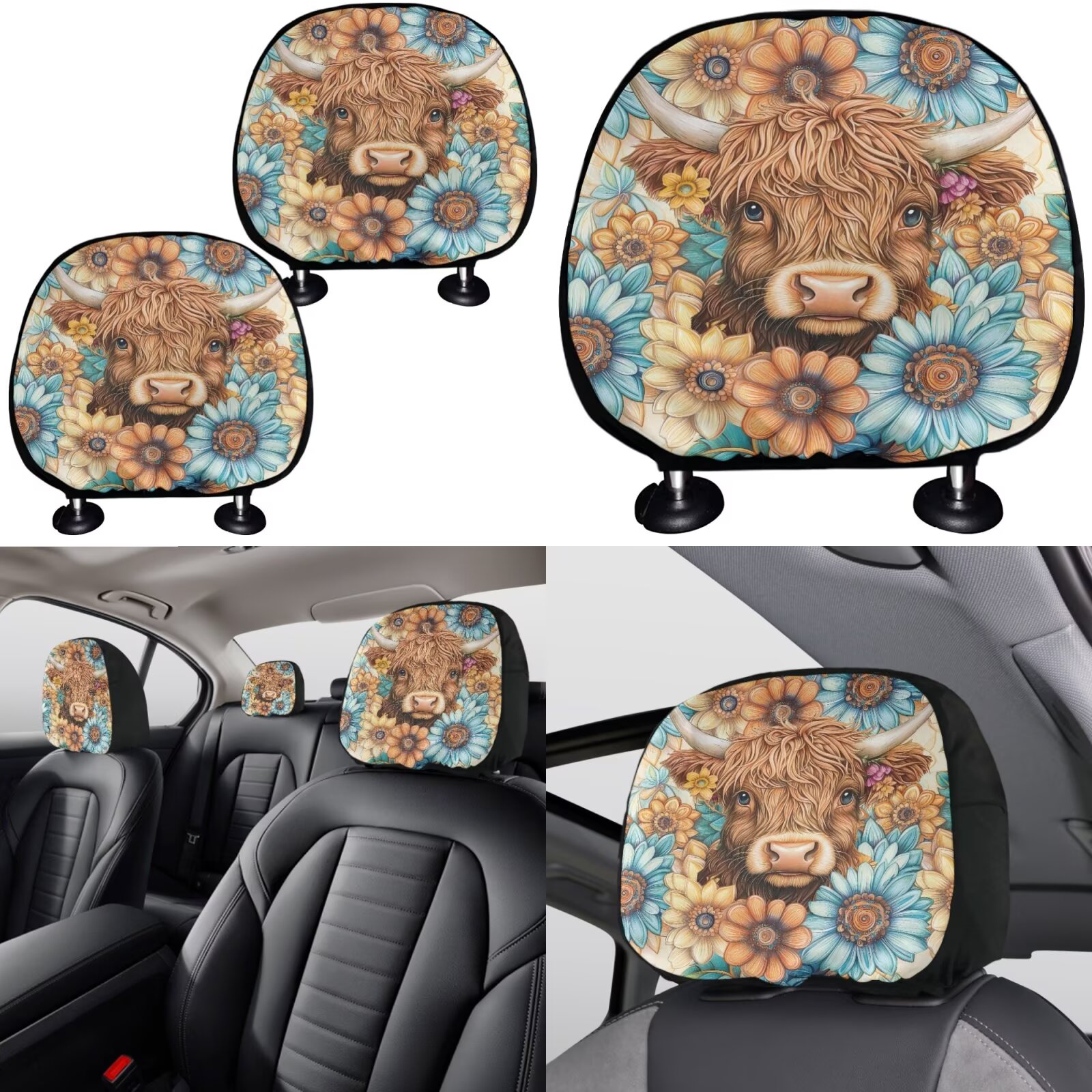Garronmavis Boho Highland Cow Car Accessories Set with Steering Wheel Wrap Gear Shift Cover Handbrake Sleeve Headrest Protectors Cup Coasters Vehicle Cushion Protectors Interior Accessories