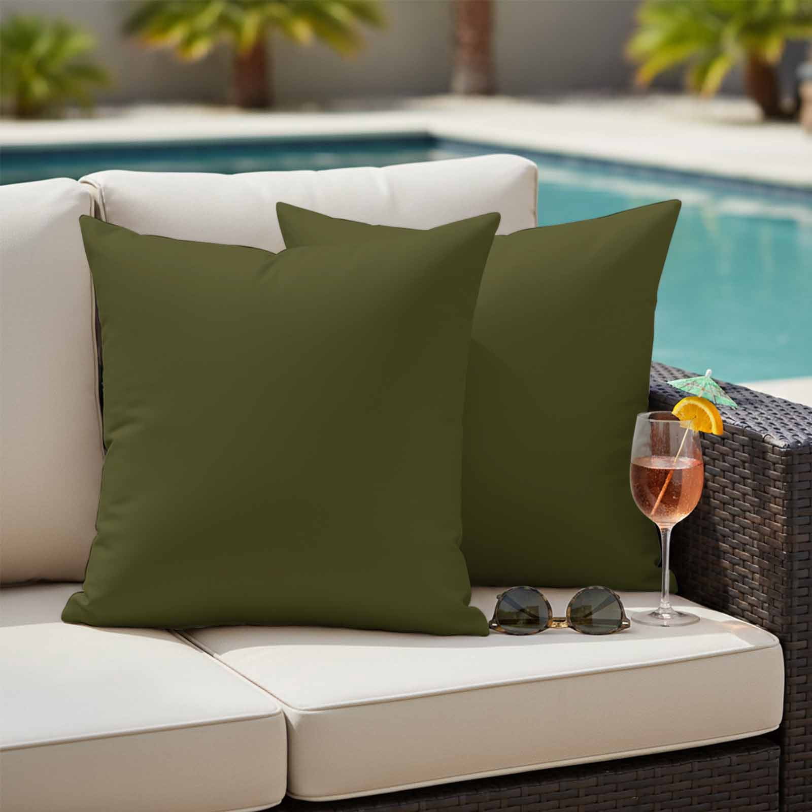 Olive Green Outdoor Pillow Covers 18"x18" Set of 2, Solid Color Waterproof Throw Pillow Covers for Patio Furniture, Decorative Cushion Covers for Porch