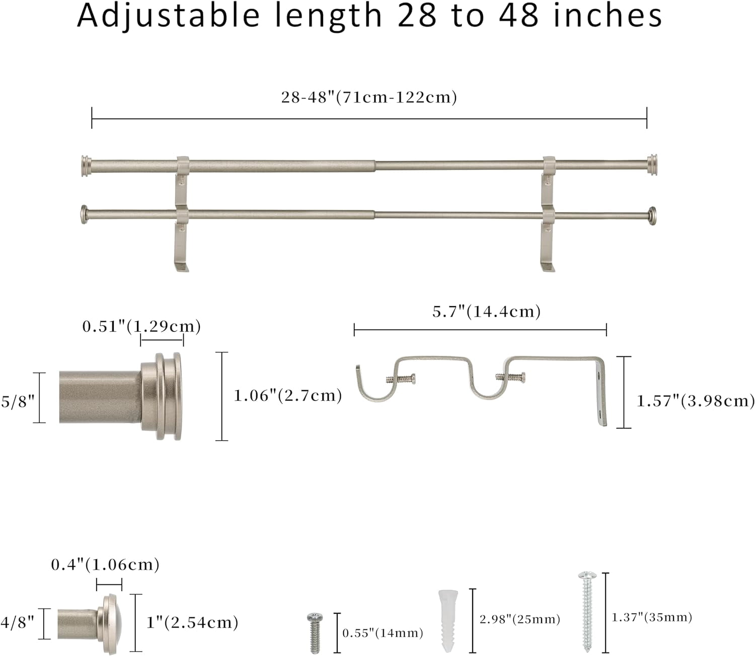 eTeckram 5/8" Double Curtain Rod with Nerveux Finials,Pewter,28‘’-48‘’
