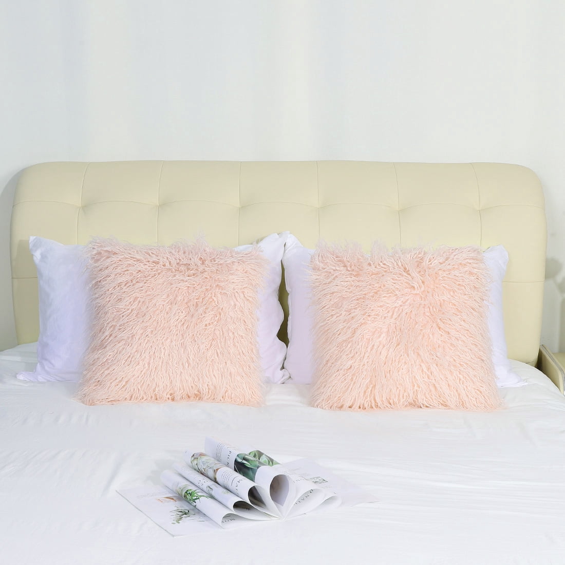 PiccoCasa 2Pcs Shaggy Faux Fur Throw Pillow Covers Soft Plush Cushion Covers, 18"x18" Pink