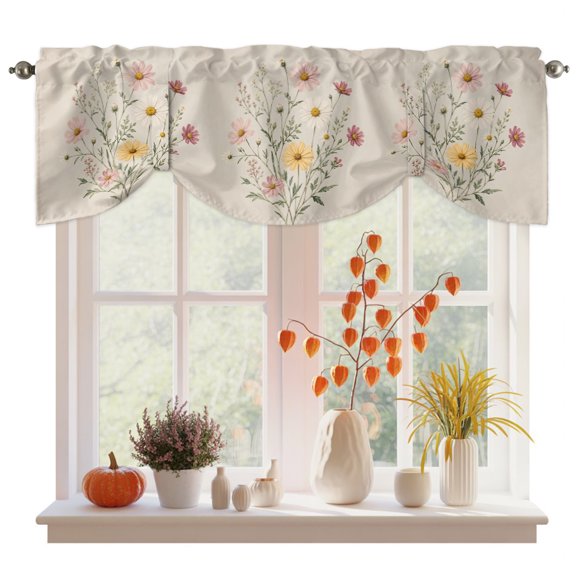 Farmhouse Daisy Tie Up Valance Curtains for Windows, Kitchen Curtains Window Treatments, Country Botanical Floral Blossom Short Window Shades Valances for Bedroom Bathroom Cafe 42"x12"