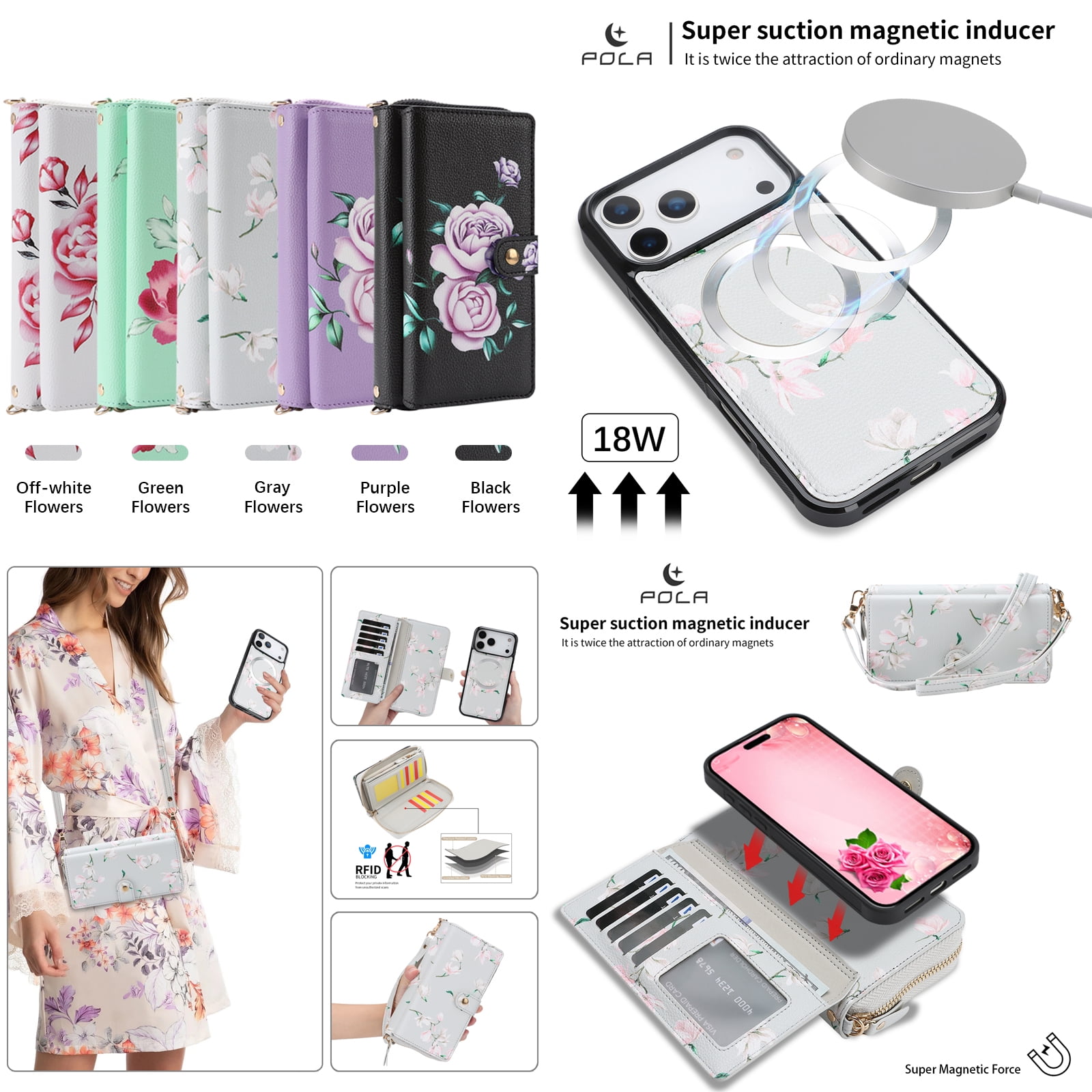 TECH CIRCLE 2-in-1 Wallet Case for iPhone 16 Pro (6.3", 2024), Detachable Magnetic Back Cover, Flip Flower Phone Case with 15 Card Slots, Zipper Pocket, Crossbody Strap, Wrist Strap, Gray